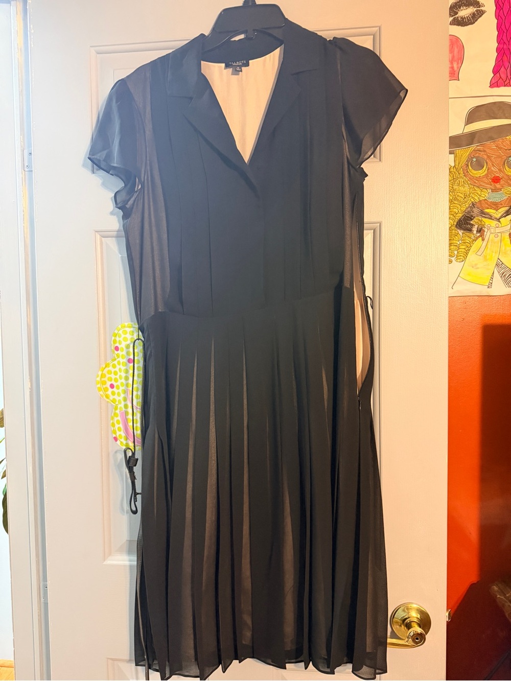Talbots Black Pleated V-Neck Chiffon Dress